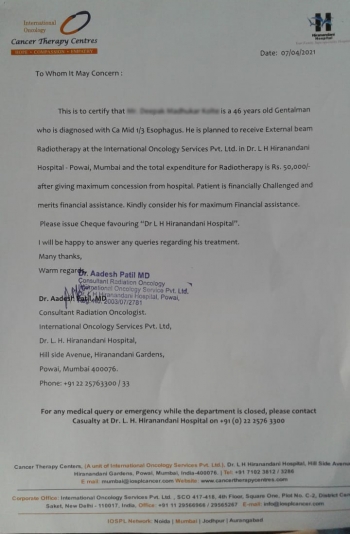 Donation directly through Dr.L.H.Hiranandani, Powai, Mumbai for External Beam Radiotheraphy