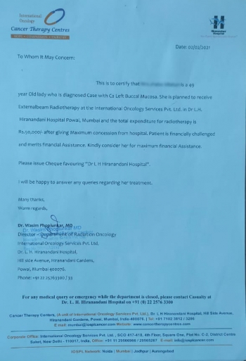 Donation directly through Dr.L.H.Hiranandani, Powai, Mumbai for External Beam Radiotheraphy 2