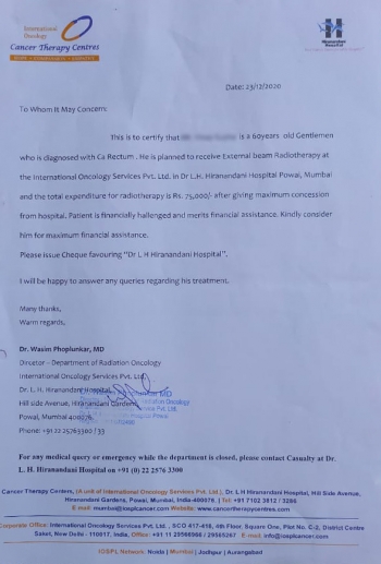 Donation directly through Dr.L.H.Hiranandani, Powai, Mumbai for External Beam Radiotheraphy