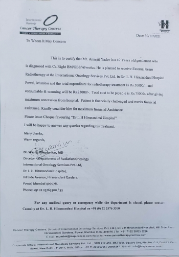 Donation directly through Dr.L.H.Hiranandani, Powai, Mumbai for BM/GBS/Alveolus