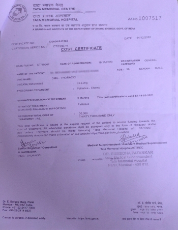 Donation directly through Tata Memorial Center, Parel, Mumbai for external Palliative Chemotherapy