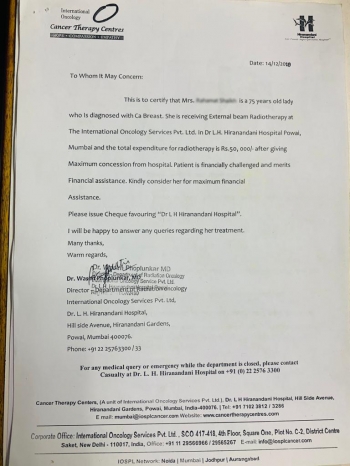 Donation directly through Dr.L.H.Hiranandani, Powai, Mumbai for External Beam Radiotheraphy 1