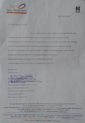 Donation directly through Dr.L.H.Hiranandani, Powai, Mumbai for External Beam Radiotheraphy