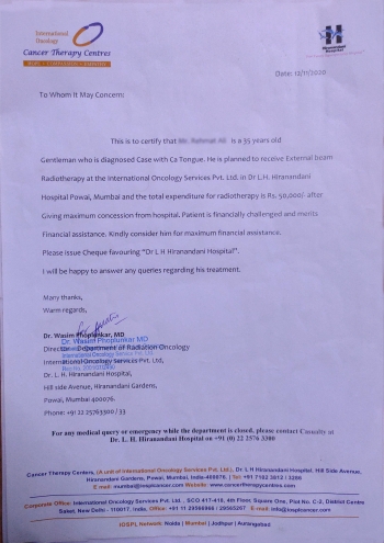 Donation directly through Dr.L.H.Hiranandani, Powai, Mumbai for External Beam Radiotheraphy